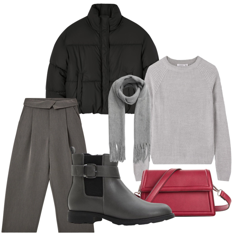 Outfit donna - Feeling con il grigio. Stile Minimal per Scuola/Università. Abbinamento con borse a tracolla, stivaletti chelsea, pantaloni, sciarpe, maglieria, bomber.
