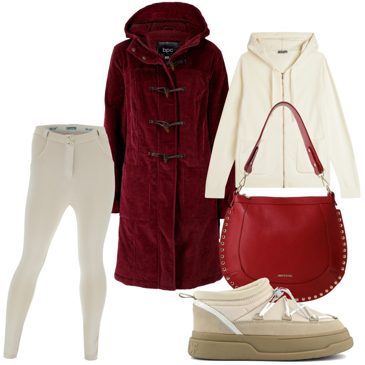 Outfit donna - Velluto rosso. Stile Casual per Tutti i giorni. Abbinamento con montgomery, borse a spalla, pantaloni skinny, maglieria, stivaletti.