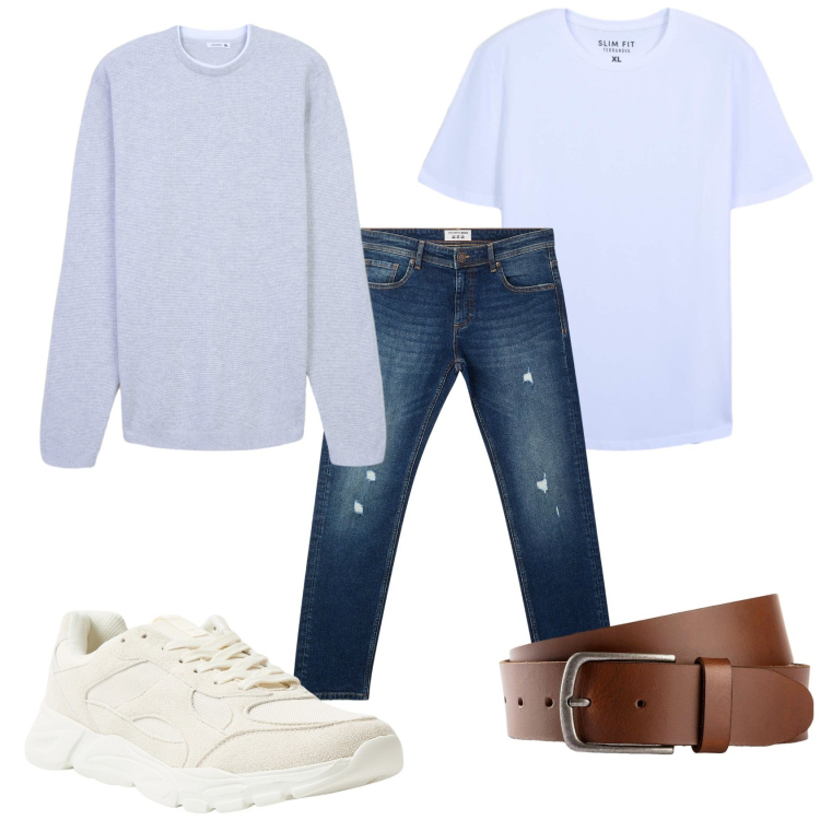 Outfit uomo - Jeans con la maglia di cotone. Stile Urban per Tutti i giorni. Abbinamento con cinture, sneakers, jeans strappati, t-shirt, maglieria.