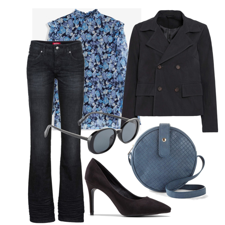 Outfit femme - Octobre. Style Casual chic pour Tous les jours. Assortir avec imperméable, chaussures à talon, jean bootcut, lunettes de soleil, sacs en bandoulière, tuniques.