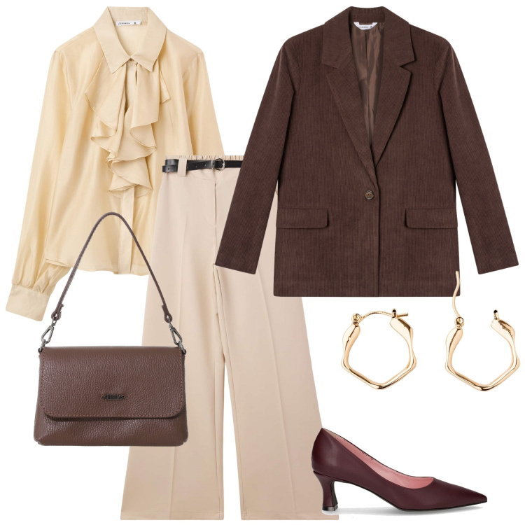 Outfit donna - Giacca in velluto. Stile Casual chic per Tutti i giorni. Abbinamento con orecchini, camicie, blazer, pantaloni, borse a tracolla, décolleté.