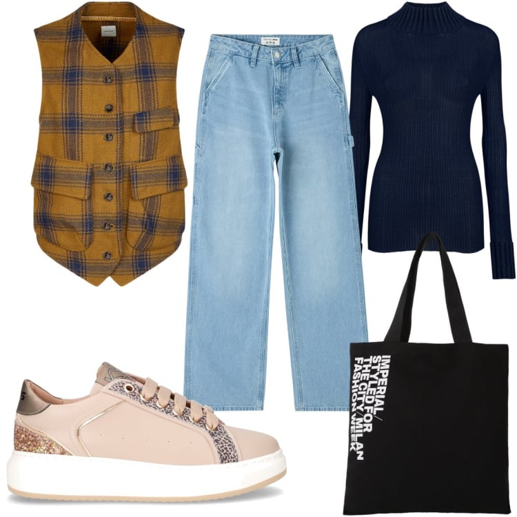 Outfit donna - Total look #2264313. Stile Basic per Tutti i giorni. Abbinamento con jeans, shopping bag, sneakers, gilet, maglieria.