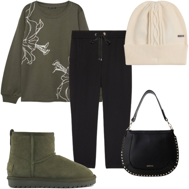 Outfit donna - Total look #2264314. Stile Basic per Tutti i giorni. Abbinamento con borse a spalla, berretti, stivali, pantaloni, felpe.