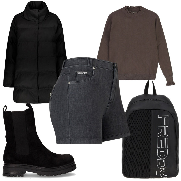 Outfit donna - Total look #2264315. Stile Trendy per Tutti i giorni. Abbinamento con maglieria, zaini, jeans skinny, cappotti, stivaletti chelsea.