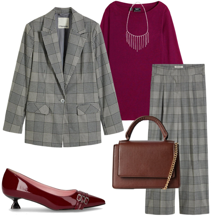 Outfit donna - Completo principe di galles. Stile Casual chic per Serata fuori. Abbinamento con maglieria, pantaloni, blazer, collane, borse a tracolla, décolleté.