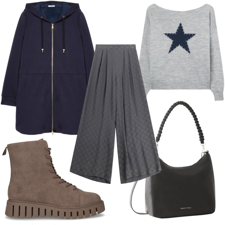 Outfit donna - Total look #2264319. Stile Basic per Tutti i giorni. Abbinamento con borse a mano, maglieria, pantaloni a palazzo, felpe con cappuccio, anfibi.
