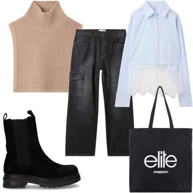 Outfit donna - Total look #2264320. Stile Casual per Tutti i giorni. Abbinamento con jeans, camicie, cappotti, shopping bag, stivaletti chelsea.