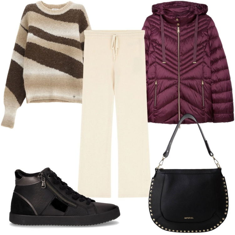 Outfit donna - Total look #2264321. Stile Casual per Tutti i giorni. Abbinamento con pullovers, pantaloni a palazzo, borse a spalla, piumini, sneakers alte.