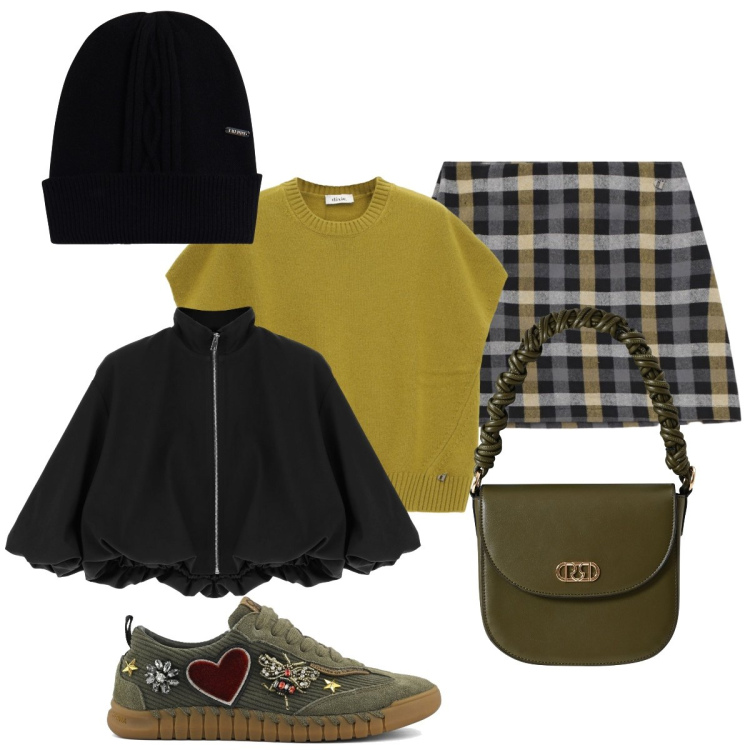 Outfit donna - All’università. Stile Casual chic per Scuola/Università. Abbinamento con borse a mano, bomber, cappelli, minigonne, maglieria, sneakers.