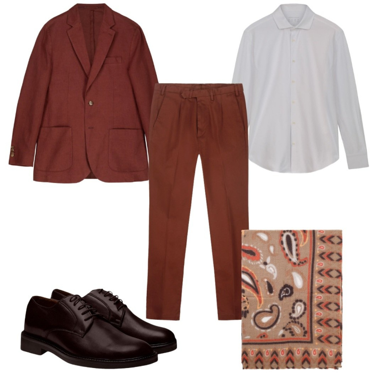 Outfit uomo - Passeggiata autunnale elegante. Stile Business/Elegante per Tutti i giorni. Abbinamento con sciarpe e foulard, scarpe stringate, giacche, pantaloni, camicie.