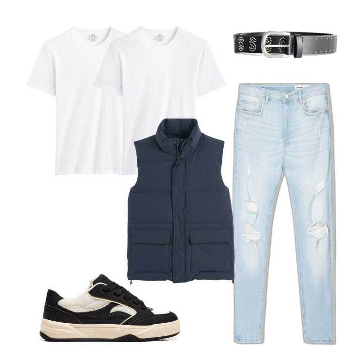Outfit hombre - Anochecer. Estilo Urban para Todos los días. Combinación con camiseta, vaqueros rotos, sneakers, chalecos, cinturones.