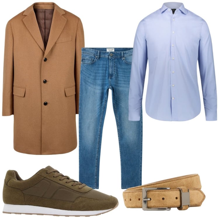 Outfit uomo - Passeggiata autunnale in jeans. Stile Casual per Tutti i giorni. Abbinamento con cinture, sneakers, jeans skinny, camicie, cappotti.
