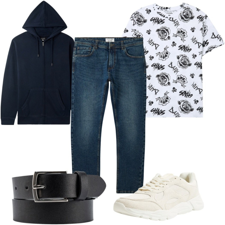 Outfit uomo - Minimal in jeans. Stile Trendy per Tutti i giorni. Abbinamento con t-shirt, jeans, sneakers, felpe con cappuccio, cinture.