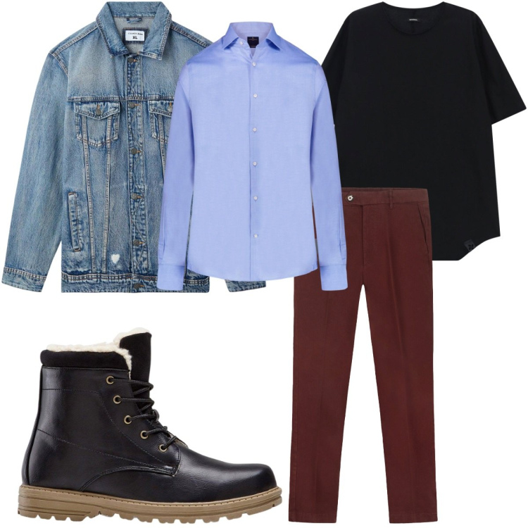 Outfit uomo - L\'arte del layering : giacca in denim. Stile Trendy per Tutti i giorni. Abbinamento con stivali e stivaletti, giacche, t-shirt, camicie, pantaloni chino.