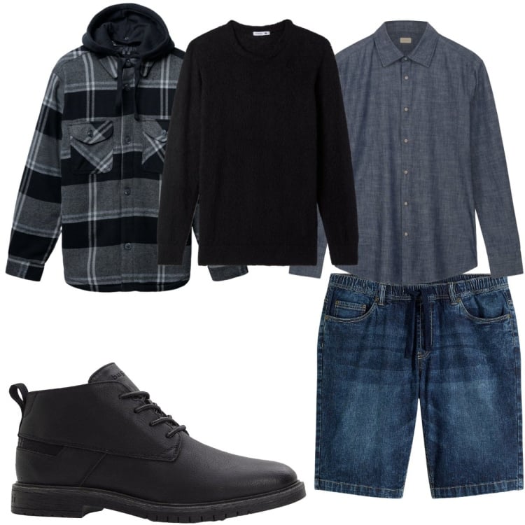 Outfit uomo - Layering di ottobre. Stile Trendy per Tutti i giorni. Abbinamento con bermuda, stivali e stivaletti, giacche, maglieria, camicie.