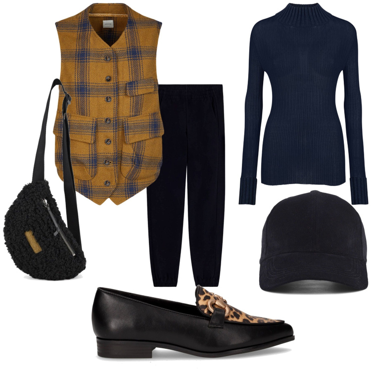 Outfit donna - Come mio marito col gilet. Stile Mannish per Tutti i giorni. Abbinamento con pantaloni, gilet, mocassini, marsupi, maglieria, cappelli con visiera.