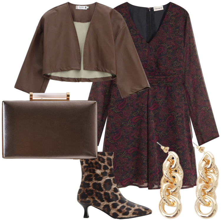 Outfit donna - Il colore delle castagne. Stile Trendy per Cerimonia. Abbinamento con stivaletti, vestiti corti, giacche, clutch, orecchini.