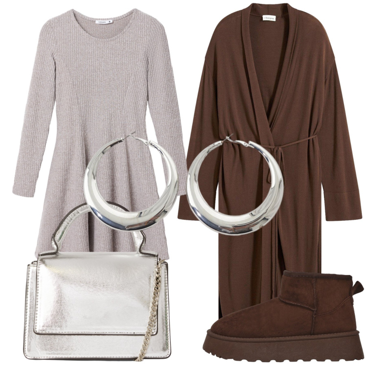 Outfit donna - Maxi cardigan e l ufficio al caldo. Stile Urban per Ufficio. Abbinamento con cappotti, vestiti corti, borse a tracolla, stivaletti, orecchini.