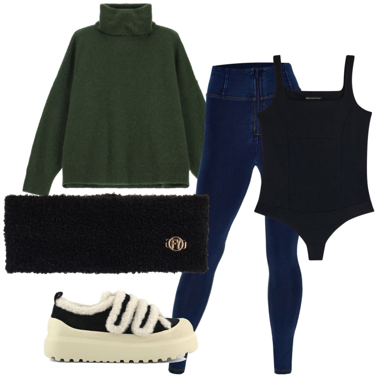 Outfit donna - Caldissima. Stile Casual per Tutti i giorni. Abbinamento con maglieria, jeggings, body, fasce per capelli, sneakers.