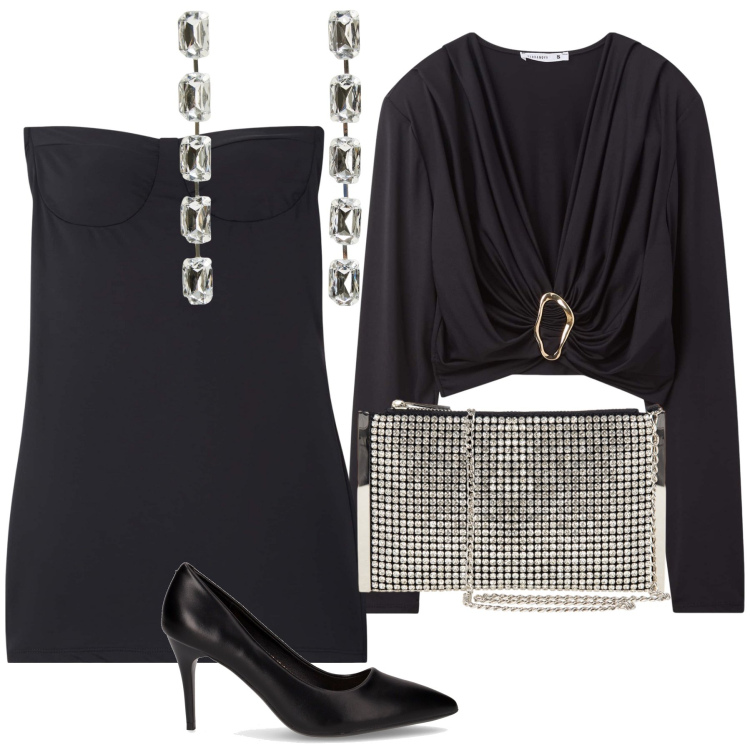 Outfit donna - Si brinda e brilla all aperitivo. Stile Glamour per Serata fuori. Abbinamento con orecchini, maglieria, vestiti corti, pochette, décolleté.