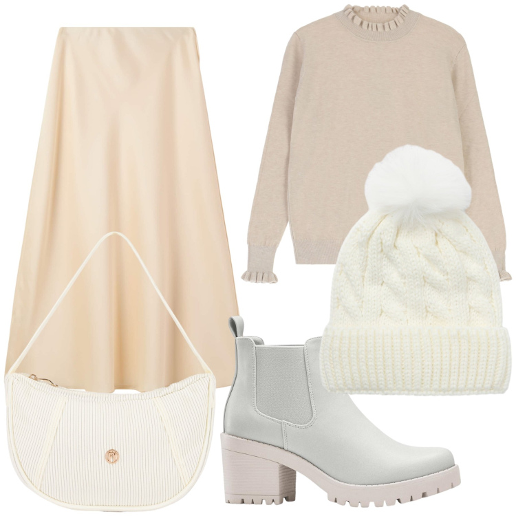 Outfit donna - Neutrale. Stile Basic per Tutti i giorni. Abbinamento con stivaletti chelsea, gonne lunghe, berretti, borse a mano, maglieria.