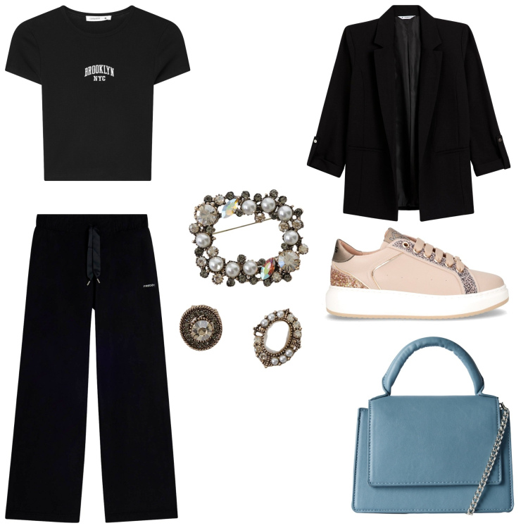 Outfit donna - Cosa mi metto. Stile Casual chic per Tutti i giorni. Abbinamento con blazer, borse a tracolla, t-shirt, cappotti, pantaloni, sneakers.