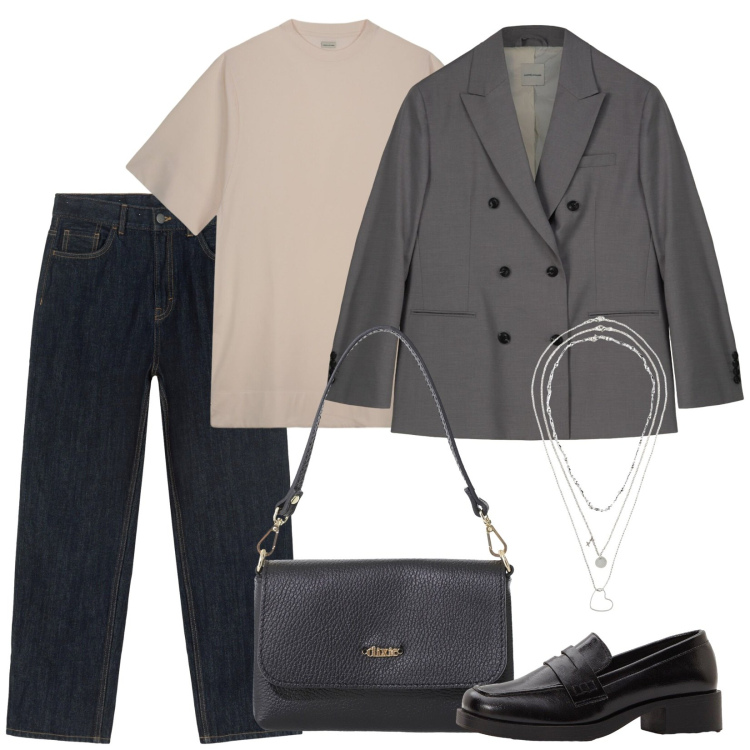 Outfit donna - Minimalismo. Stile Minimal per Scuola/Università. Abbinamento con mocassini, collane, borse a tracolla, blazer, jeans dritti, vestiti lunghi.