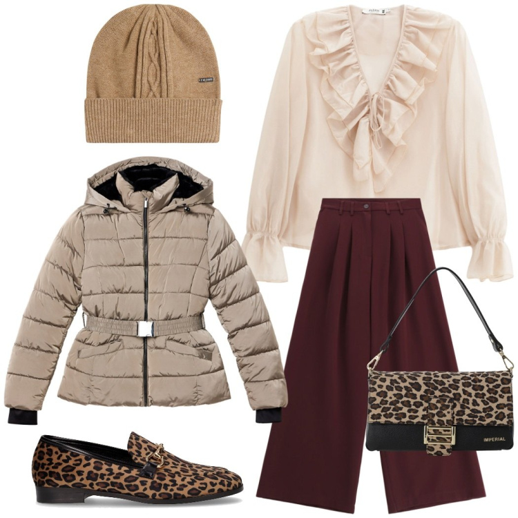 Outfit donna - Total look #2264347. Stile Casual chic per Ufficio. Abbinamento con piumini, pantaloni, camicie, borse a spalla, berretti, mocassini.