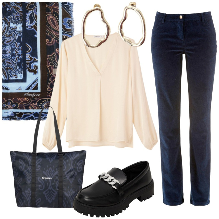 Outfit donna - Total look #2264350. Stile Casual chic per Tutti i giorni. Abbinamento con pantaloni, bluse, mocassini, shopping bag, orecchini, foulard.