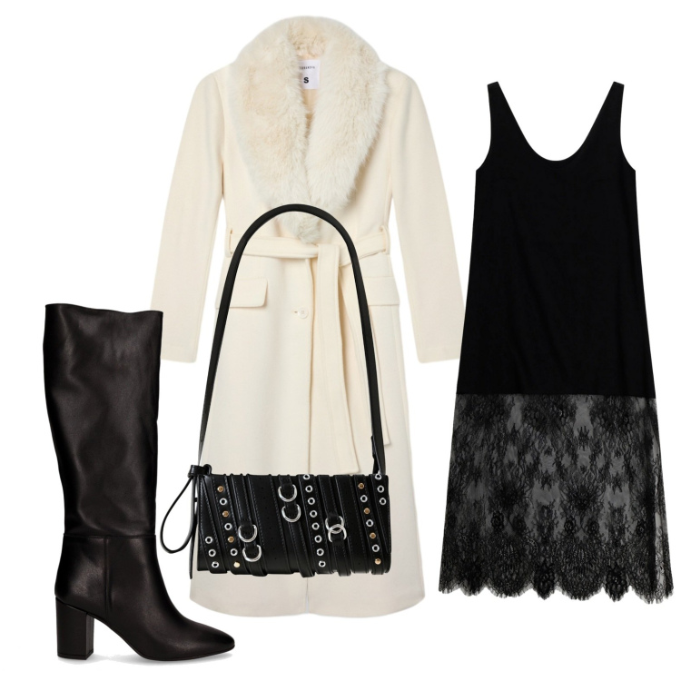 Outfit donna - La carezza del cappotto. Stile Chic per Serata fuori. Abbinamento con cappotti, borse a spalla, vestiti lunghi, stivali.