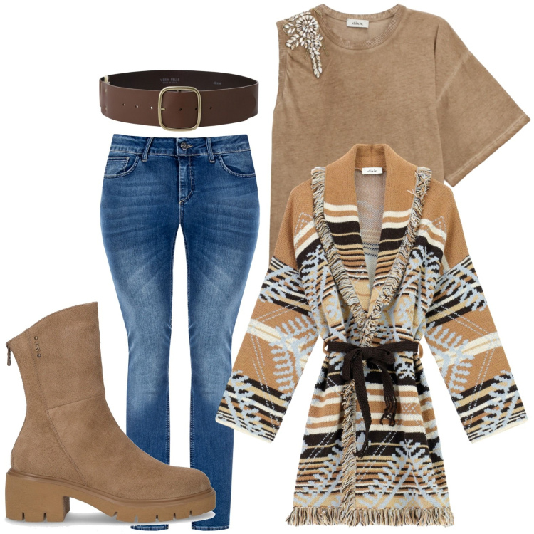Outfit donna - Giochi di volumi. Stile Minimal per Tutti i giorni. Abbinamento con cardigans, cinture, t-shirt, jeans skinny, stivaletti.