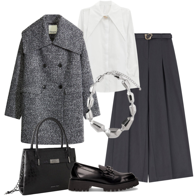 Outfit donna - Il cappotto corto mélange. Stile Glamour per Tutti i giorni. Abbinamento con cappotti, borse a mano, pantaloni, camicie, ciondoli, mocassini.