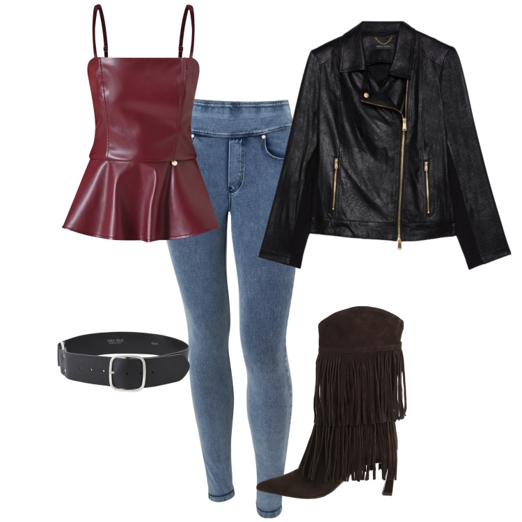 Outfit donna - Total look #2264356. Stile Rock per Serata fuori. Abbinamento con cinture, stivali, top, jeans skinny, giacche.