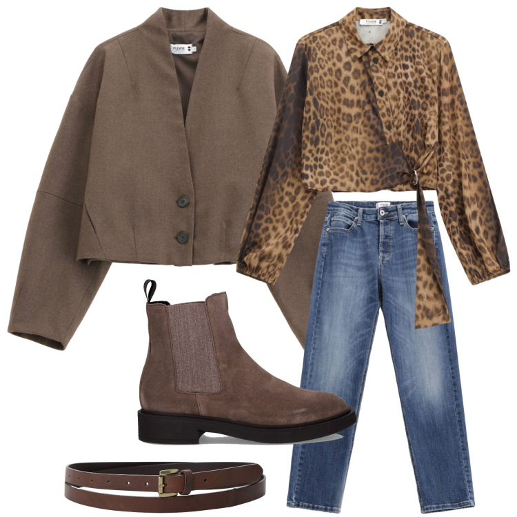 Outfit donna - Irresistibile animalier. Stile Casual per Tutti i giorni. Abbinamento con jeans, blazer, camicie, cinture, stivaletti chelsea.