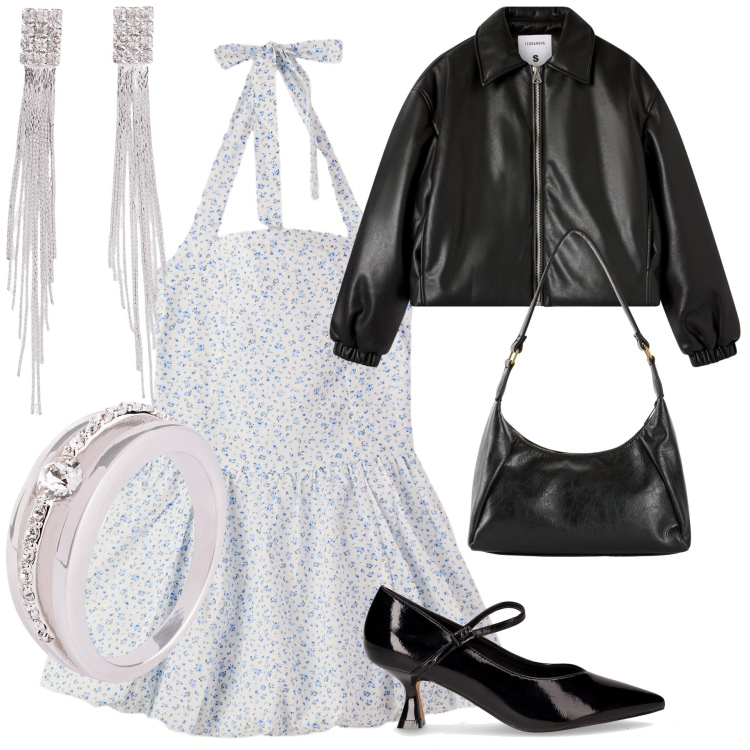 Outfit donna - Fidanzamento. Stile Glamour per Serata fuori. Abbinamento con orecchini, anelli, borse a mano, vestiti corti, bomber, décolleté.
