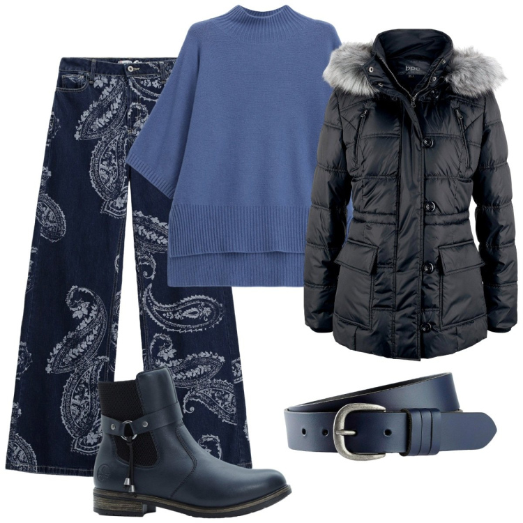 Outfit donna - Blu. Stile Basic per Tutti i giorni. Abbinamento con giacche, cinture, stivaletti chelsea, jeans, maglieria.