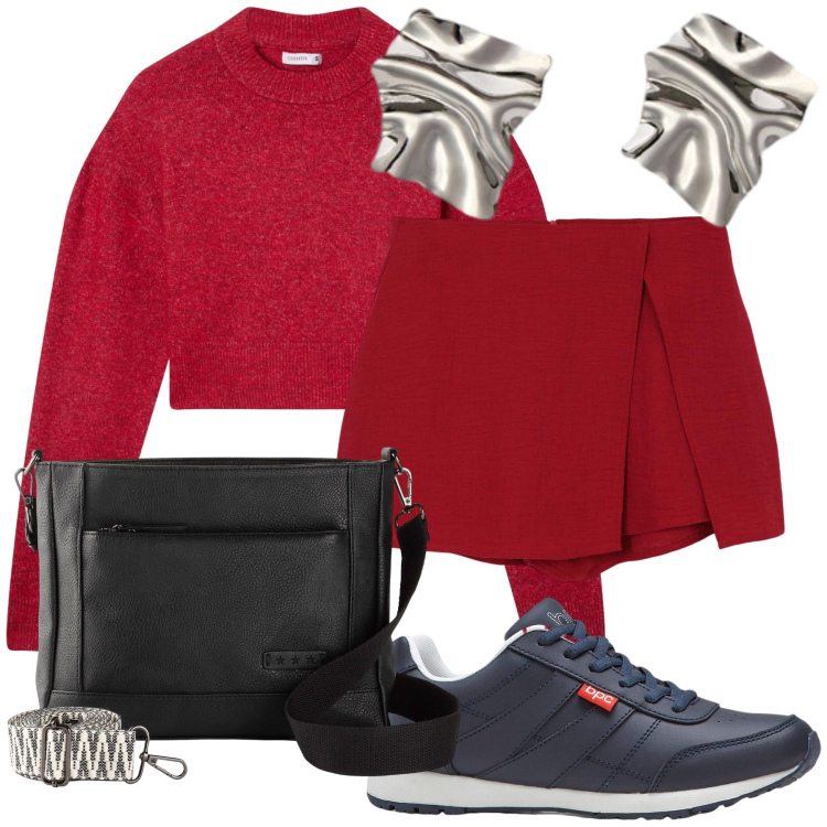 Outfit donna - Giornata preppy. Stile Preppy per Tutti i giorni. Abbinamento con sneakers, borse a tracolla, gonne, maglieria, orecchini.