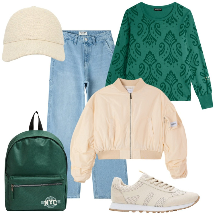 Outfit donna - Università. Stile Casual per Scuola/Università. Abbinamento con sneakers, jeans, zaini, cappelli con visiera, bomber, felpe.