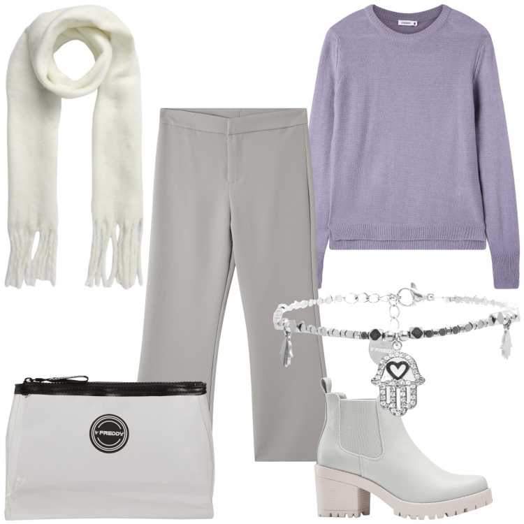 Outfit donna - Il maglioncino glicine. Stile Basic per Tutti i giorni. Abbinamento con stivaletti chelsea, pantaloni, maglieria, sciarpe, braccialetti, valigie.