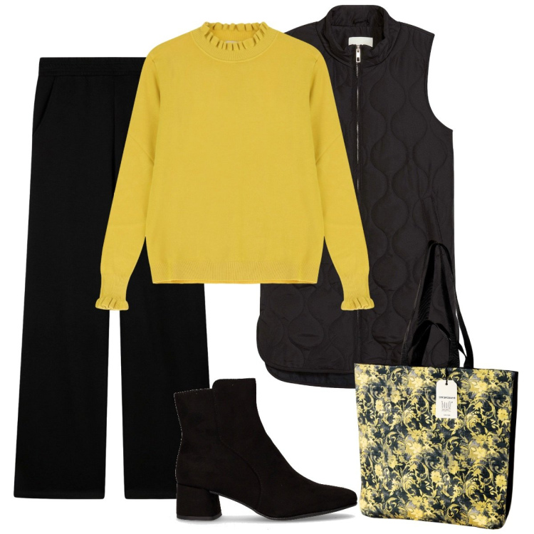 Outfit donna - Al supermercato. Stile Basic per Tutti i giorni. Abbinamento con piumini, pantaloni, borse tote, maglieria, stivaletti.