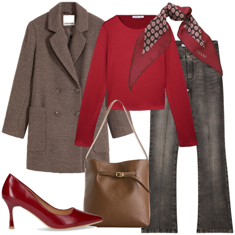 Outfit donna - Marrone e rosso. Stile Glamour per Tutti i giorni. Abbinamento con cappotti, borse a mano, jeans, t-shirt, foulard, décolleté.
