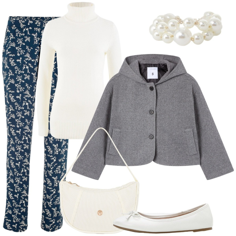 Outfit donna - Colazione al bar. Stile Basic per Tutti i giorni. Abbinamento con ballerine, pantaloni, maglieria, caban, anelli, borse a mano.