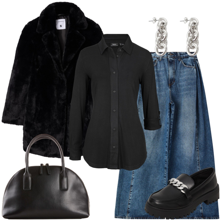 Outfit donna - Stile unico. Stile Rock per Tutti i giorni. Abbinamento con camicie, shopping bag, jeans, cappotti, mocassini, orecchini.