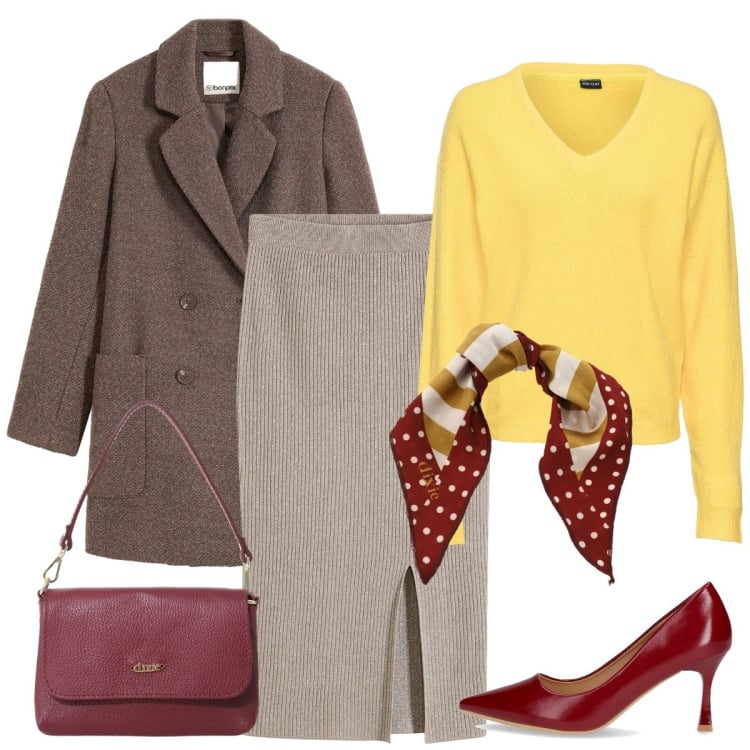 Outfit donna - Pomeriggio con le amiche. Stile Basic per Serata fuori. Abbinamento con gonne, maglieria, cappotti, borse a tracolla, foulard, décolleté.