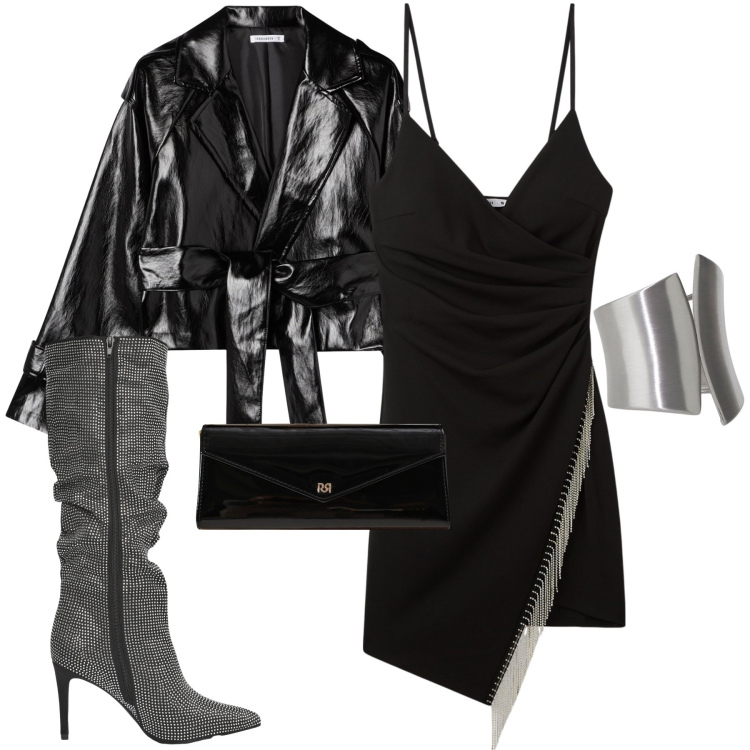 Outfit donna - Serata in discoteca. Stile Glamour per Serata fuori. Abbinamento con vestiti corti, stivali, giacche, pochette, anelli.