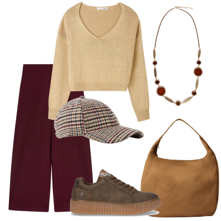Outfit donna - Comoda. Stile Basic per Tutti i giorni. Abbinamento con cappelli con visiera, borse a mano, maglieria, pantaloni culotte, sneakers, collane.
