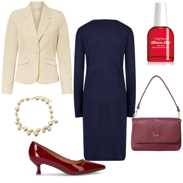 Outfit donna - Total look #2264387. Stile Bon Ton per Ufficio. Abbinamento con blazer, smalti, borse a tracolla, collane, vestiti midi/longuette, décolleté.