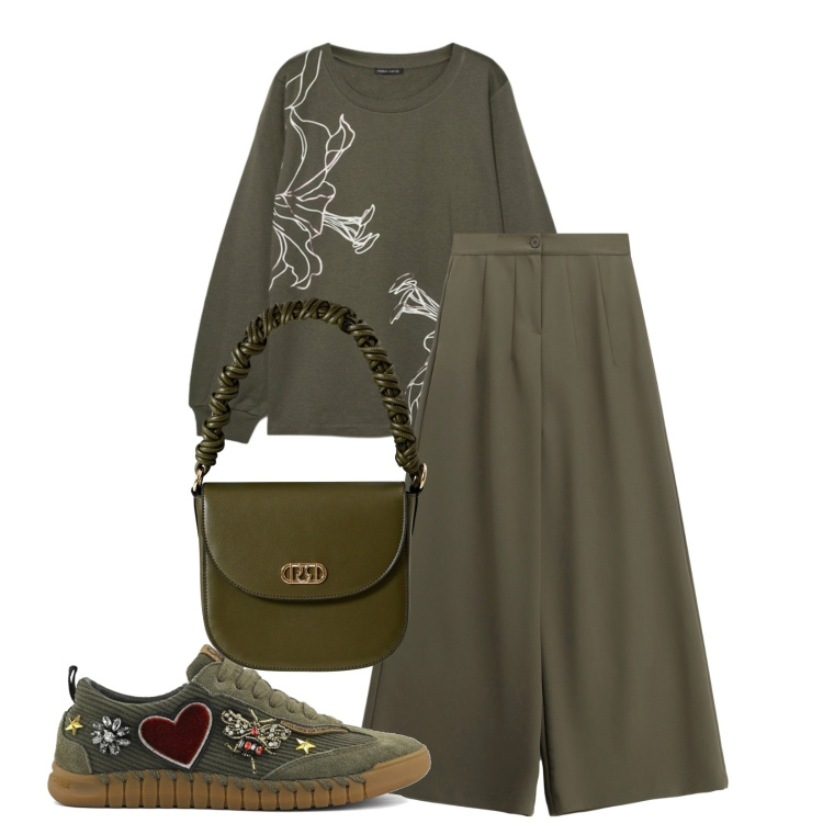 Outfit donna - Total look #2264389. Stile Casual chic per Tutti i giorni. Abbinamento con borse a mano, pantaloni a palazzo, sneakers, felpe.