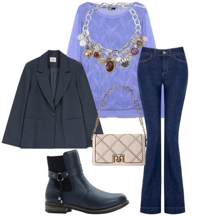 Outfit donna - Total look #2264390. Stile Casual chic per Tutti i giorni. Abbinamento con stivaletti chelsea, borse a tracolla, jeans a zampa, braccialetti con ciondoli, blazer, maglieria.