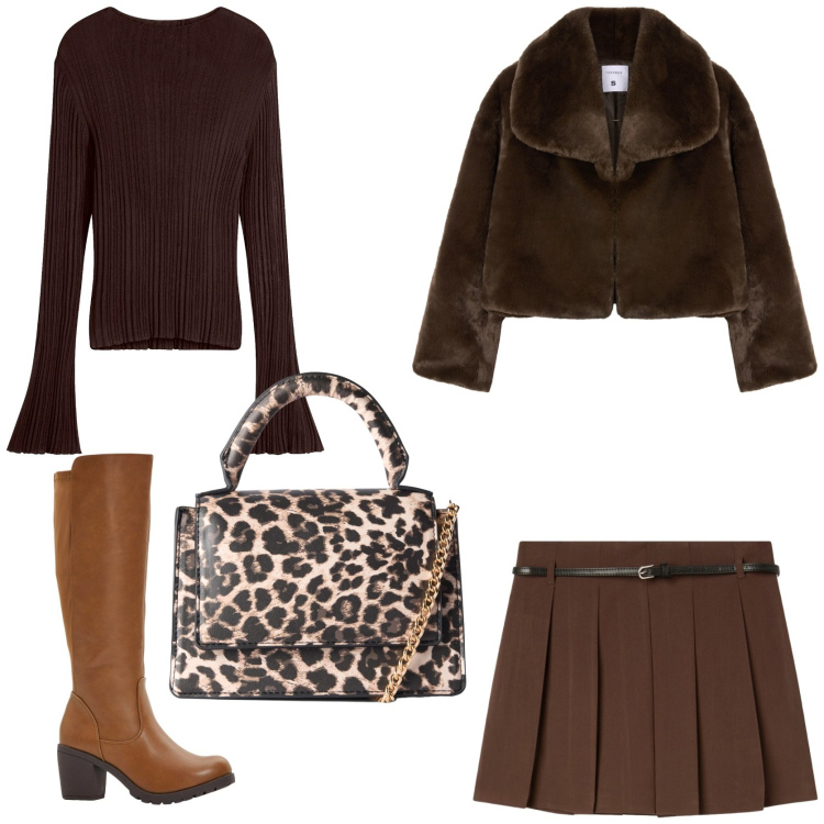 Outfit donna - Weekend rilassante. Stile Trendy per Tutti i giorni. Abbinamento con stivali, maglieria, minigonne, ecopellicce, borse a tracolla.